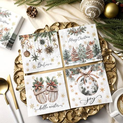 20pcs of christmas cocktail party napkins 4 styles each style printed with holiday letters christmas trees christmas balls gloves stars etc colorful christmas design patterns suitable for christmas occasions and