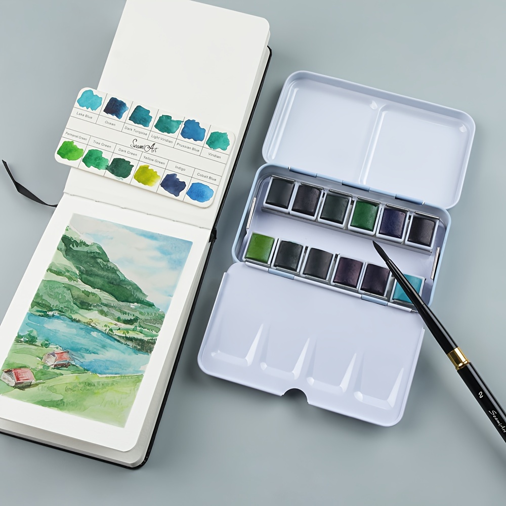

Seamiart Ocean & Forest Watercolor Set With A5 Sketchbook (24 Sheets, 300gsm Paper) And Nylon Brush - Premium Solid Color Paints For Artists