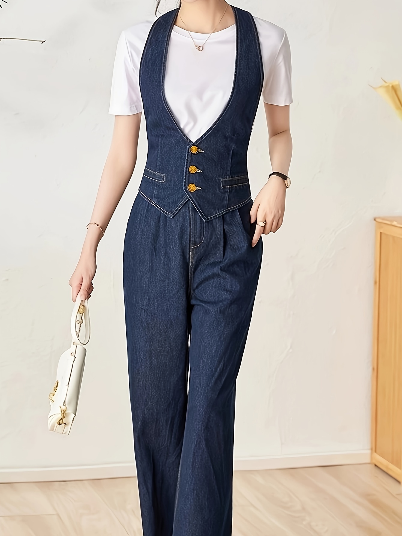 Four-Season Solid Color Womens Elegant Denim Jumpsuit - V-Neck Waist-Cinched 2-in-1 Overalls with Suspender Details, Non-Stre...