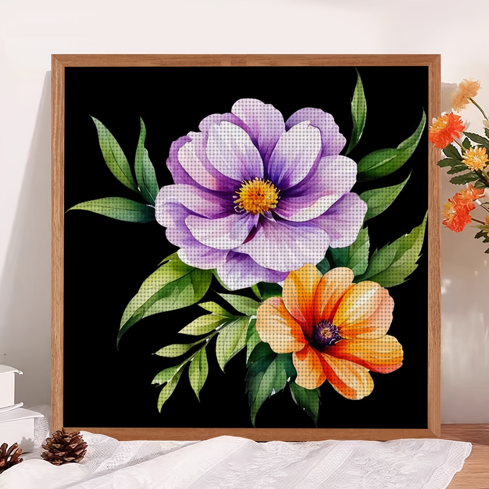 DIY Cross-Stitch Printed Kit of Purple Orange Flower, Unframed