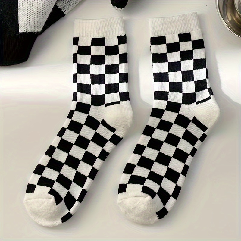 

Checkerboard Print Socks, Sports Mid Tube Socks For Spring & Fall, Women's Stockings & Hosiery