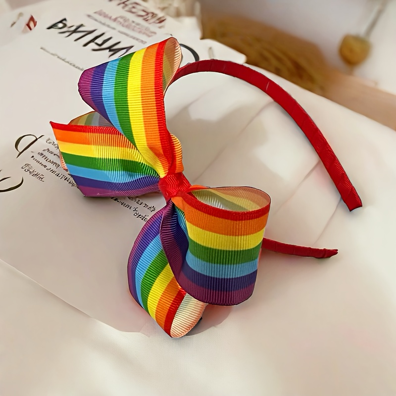 

1pc Rainbow Striped Polyester Bow Headband - Handmade Hair Accessory With Band For Parties, Single Piece