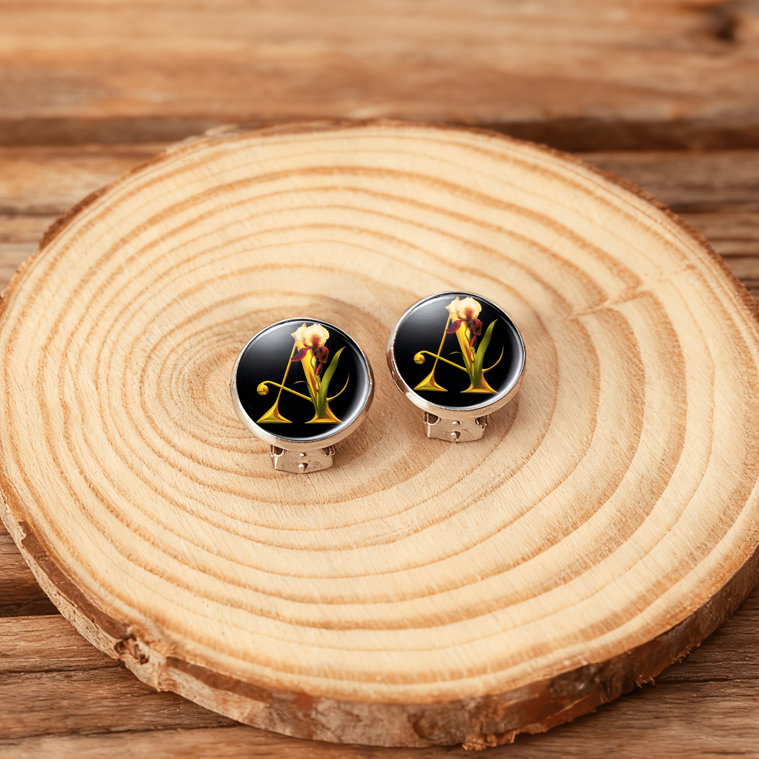 2pcs No-Pierced Ear Clip Round Glass Face Earrings, Yellow Iris Design
