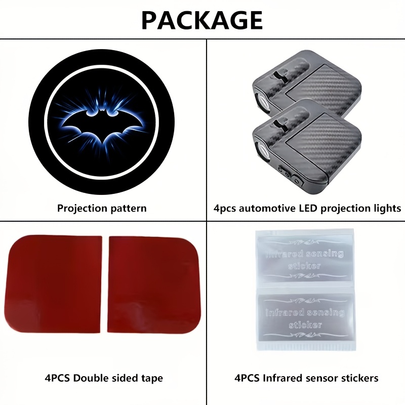 TEMU Bat Logo Projector - Universal Wireless Door Led Projection Light, Door Step Led Welcome Logo Shadow Projection Light, 4pcs Reflective Stickers+4pcs Double Sided Adhesive+4pcs Blue Bat