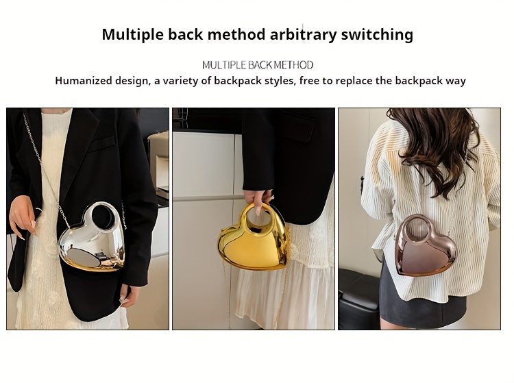 Women's handbag, evening bag. Fashionable evening, wedding, music festival, date, party makeup bag, mobile phone bag. Multi-purpose shiny heart-shaped mini handheld formal dress bag. Commuter chain shoulder bag. New spring and summer crossbody bag.