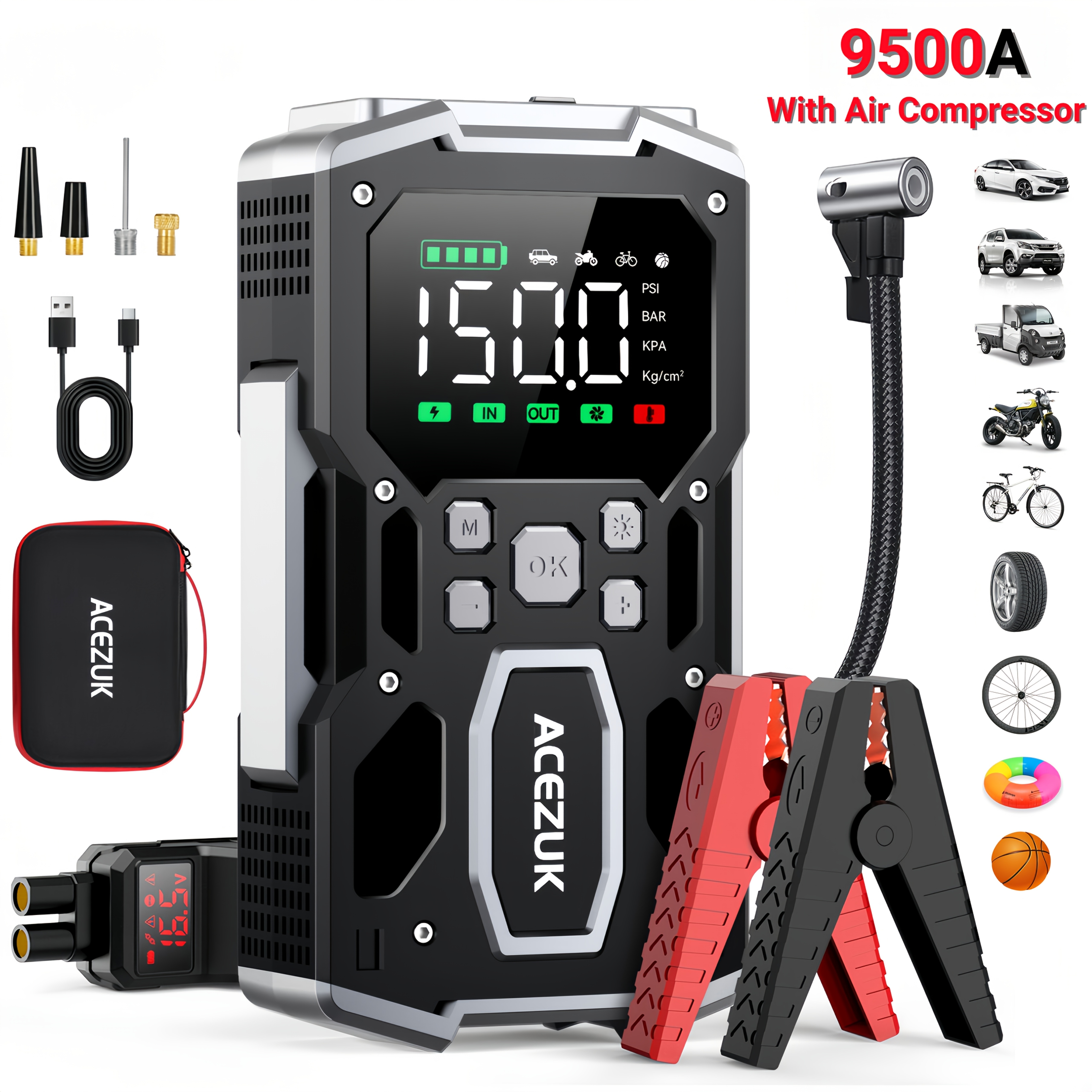9500A zaganjalnik z zračnim kompresorjem, 12V baterijski booster za vse bencinske/10L dizelske motorje, prenosni napihovalnik pnevmatik z LCD