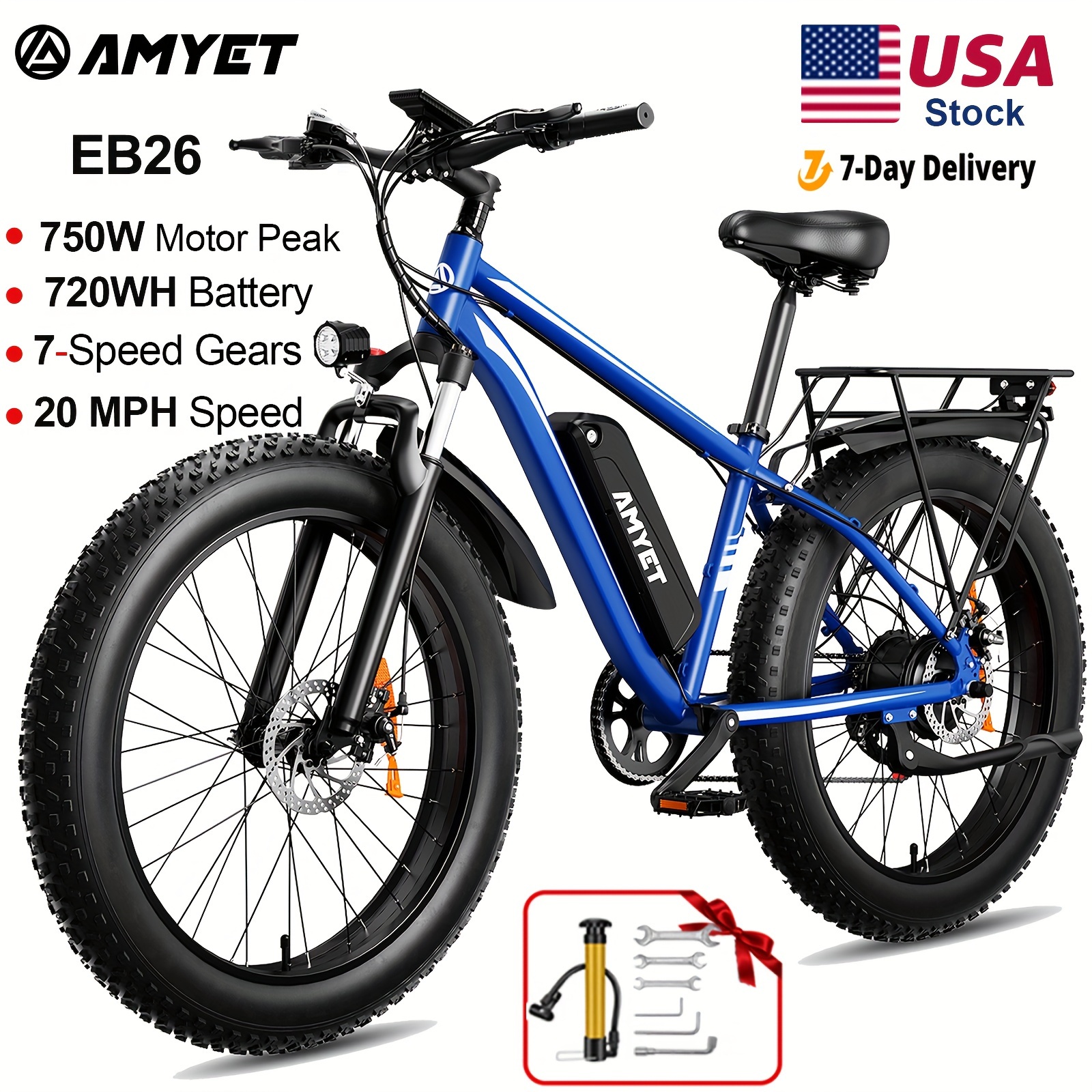 

Amyet 750w Electric Bike For Adults Electric Bicycle 48v 15ah Battery Electric Bike 26" Fat Tire Mountain 20mph 7 Speed Gears Dual Shock Absorber Electric Bike