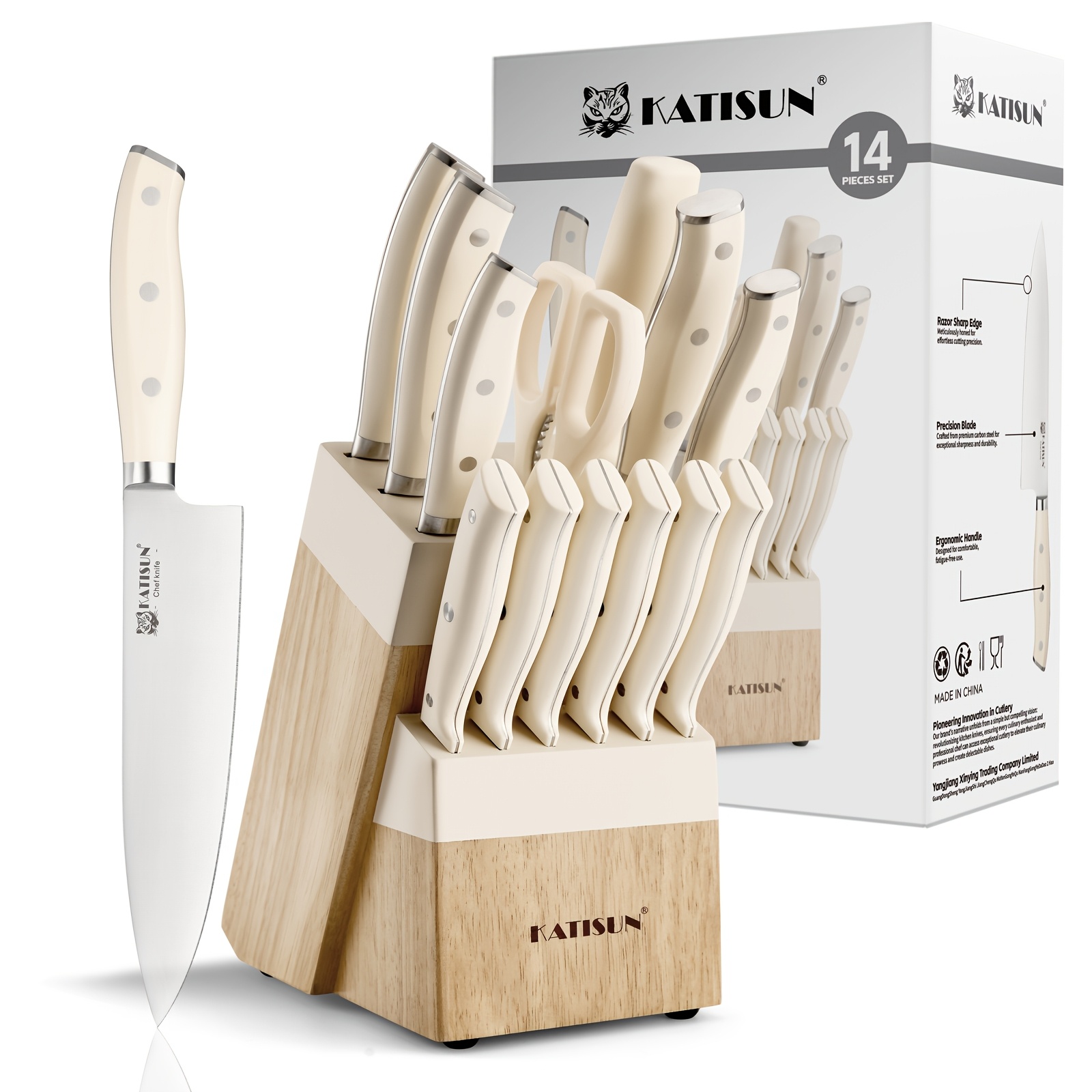 Professional-grade 14pcs High-carbon Stainless Steel Knife Set In Creamy White. Exceptional Sharpness, Includes Wooden Knife Block And Kitchen Shears. All Knives Feature Non-slip Ergonomic Handles. Ideal for Home Use, Travel, Or As A Gift.