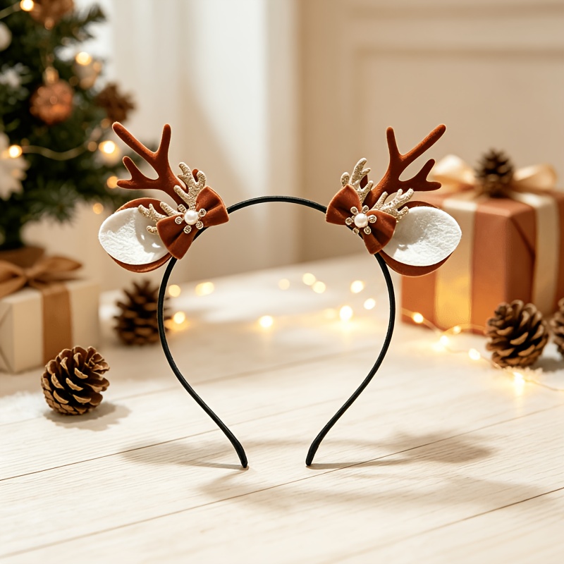 TEMU 2026 New Christmas Reindeer Antler Ears Headband, Bow Decorated Hairband, Christmas Holiday Costume Photo Prop, Cute Accessory For Party