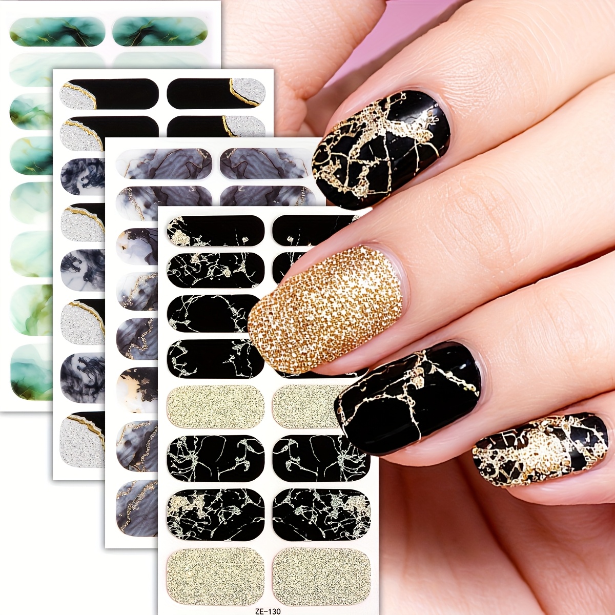Set Of 4 Full Nail Wraps Featuring A Spring-inspired Artistic Marbling Design With Halo Accents. The Dark Green, Black, And White Multi-colored Marbling An Elegant And Look