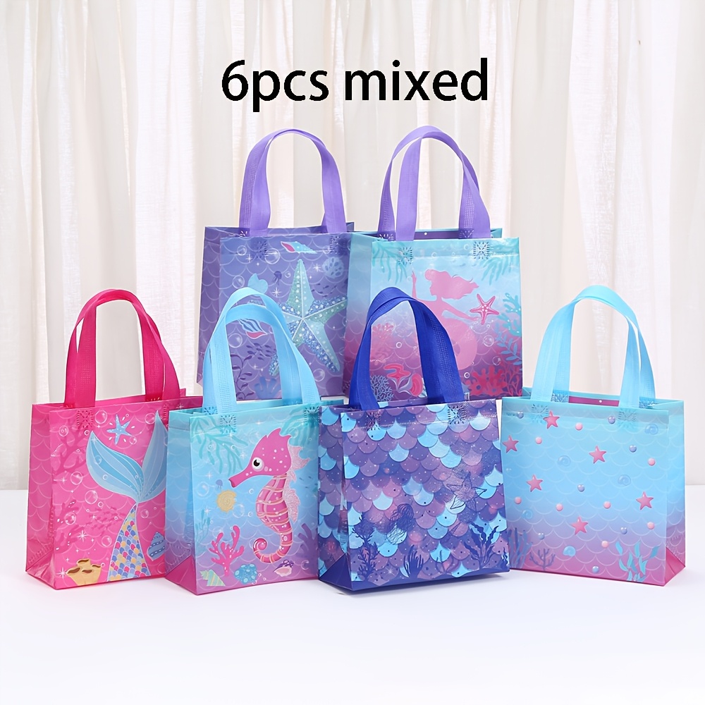 TEMU 6pcs Mermaid Themed Patterns Non-woven Gift Bags With Handles Various Styles Print Favor Bags, Mermaid Gift Bags For Happy Birthday Party, Under