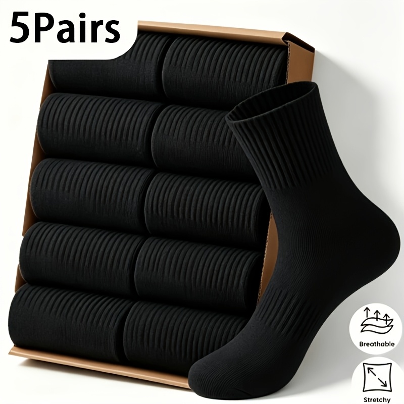 TEMU 5 Pairs Of Premium Men's Mid-calf Sports Socks, Comfortable For Spring, Summer, And Autumn, Simple And Casual White Business Socks