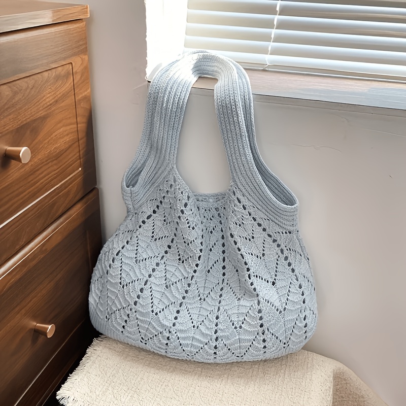 TEMU Hollow-out Knit Tote Bag Women's Large Capacity Commuter Shoulder Bag 2026 New Beach Vacation Woven Handbag