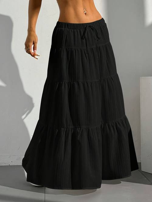 elegant black pleated drawstring waist flared skirt machine washable non stretch versatile midi skirt for casual formal outfits cute skirts nontransparent fabric
