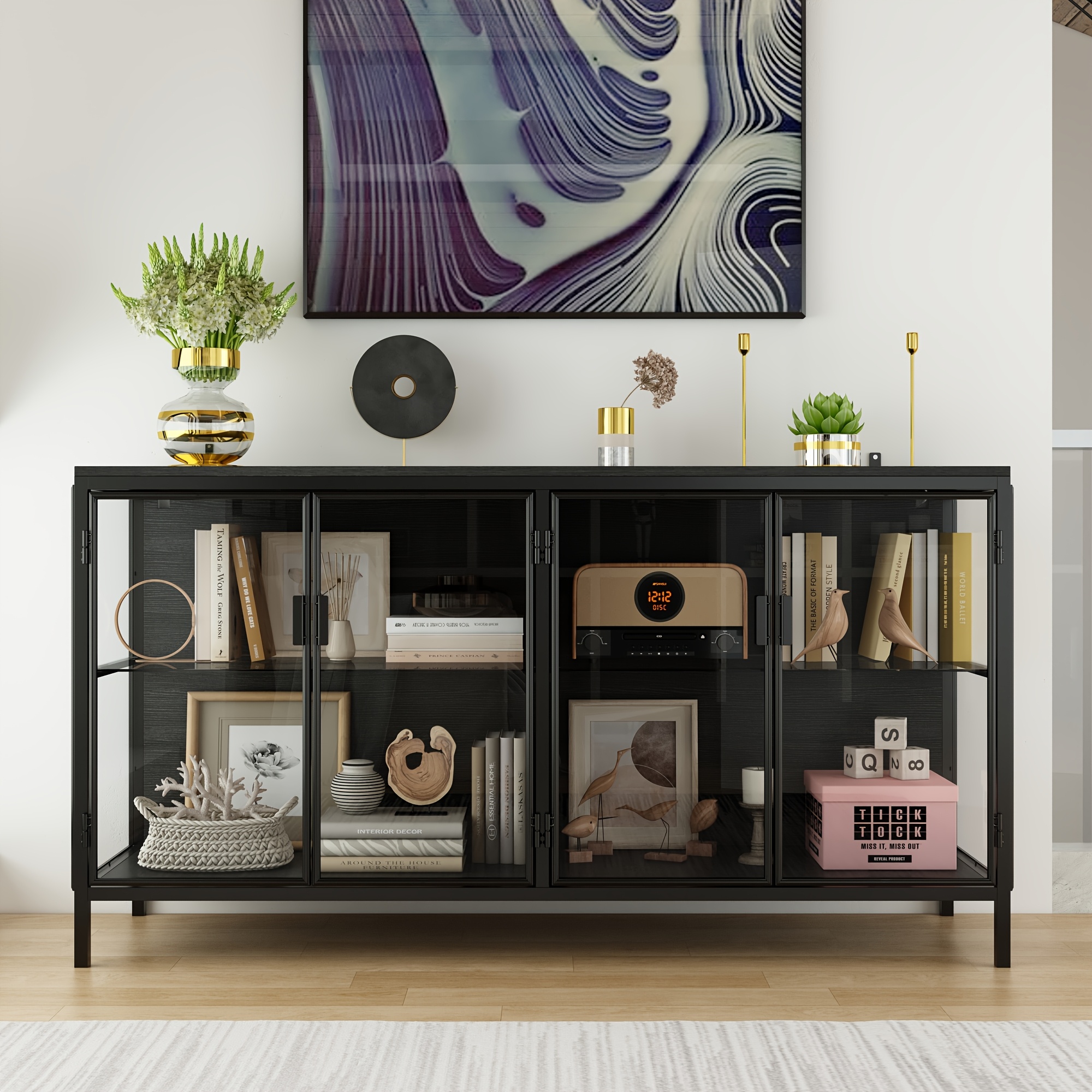 Image of 140cm Long Four-door Sideboard With Clear Glass Doors And Shelves, Suitable For Living Room Storage, Sofa Storage, Or Bedroom Storage Cabinet. Black End (length 140cm X Width 40cm X Height 80cm)