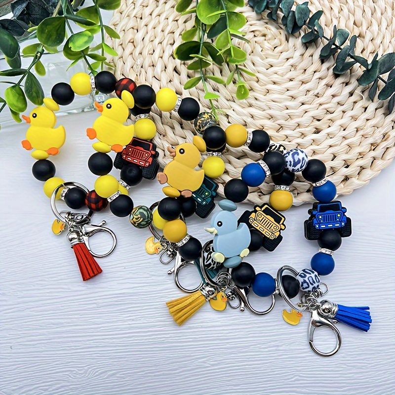 

Cartoon & Car Charm Beaded Keychain With Lobster Clasp - Silicone Animal & Bead Keyring For Women, Festive Birthday Gift, Decorative Accessory For Bags