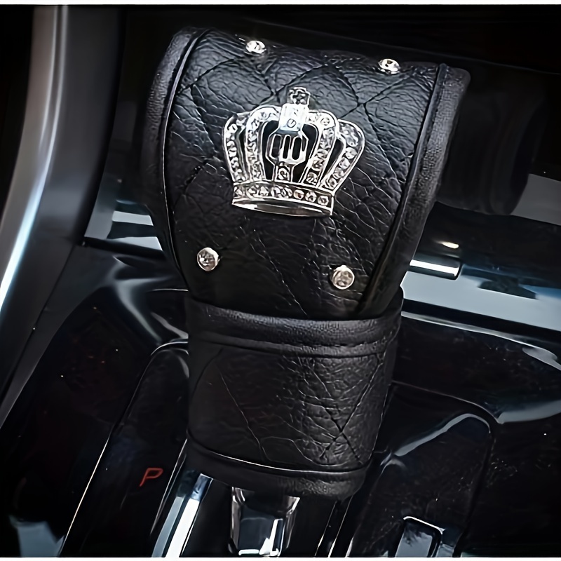 TEMU Leather Car Shift Knob Cover With Crown, Universal Shiny Interior Accessory For Car