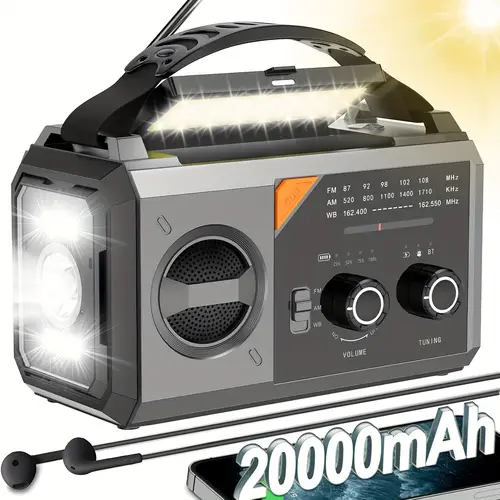 20000mah 74000mwh emergency weather radio solar hand crank portable radio with am fm battery operated 3 mode flashlight reading lamp sos alarm phone charger for indoor outdoor emergency