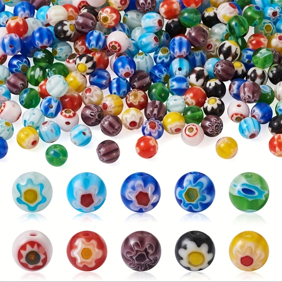 

100pcs Millifiori Glass Beads Set, 6mm Handcrafted Round With Patterned Spacer Beads For Making, Necklaces, Bracelets, Earrings - Vibrant Colors, Ideal For Crafting And Gifts