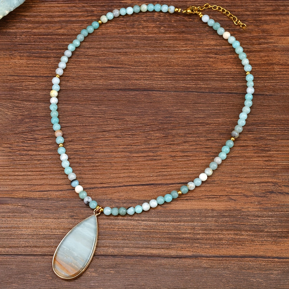 Image of 1pc Natural Amazonite Teardrop Pendant Necklace For Women - Handcrafted Stone Jewelry Boho-chic With Blue Hues