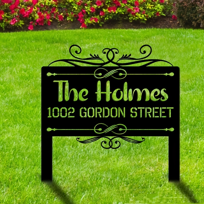 

1pc Customizable Black Metal Address Plaque With Stake - Elegant "the " 102 Street Sign, Weatherproof Outdoor Home & Garden Decor, With Plant , No Power Required, Metal Outdoor Decor