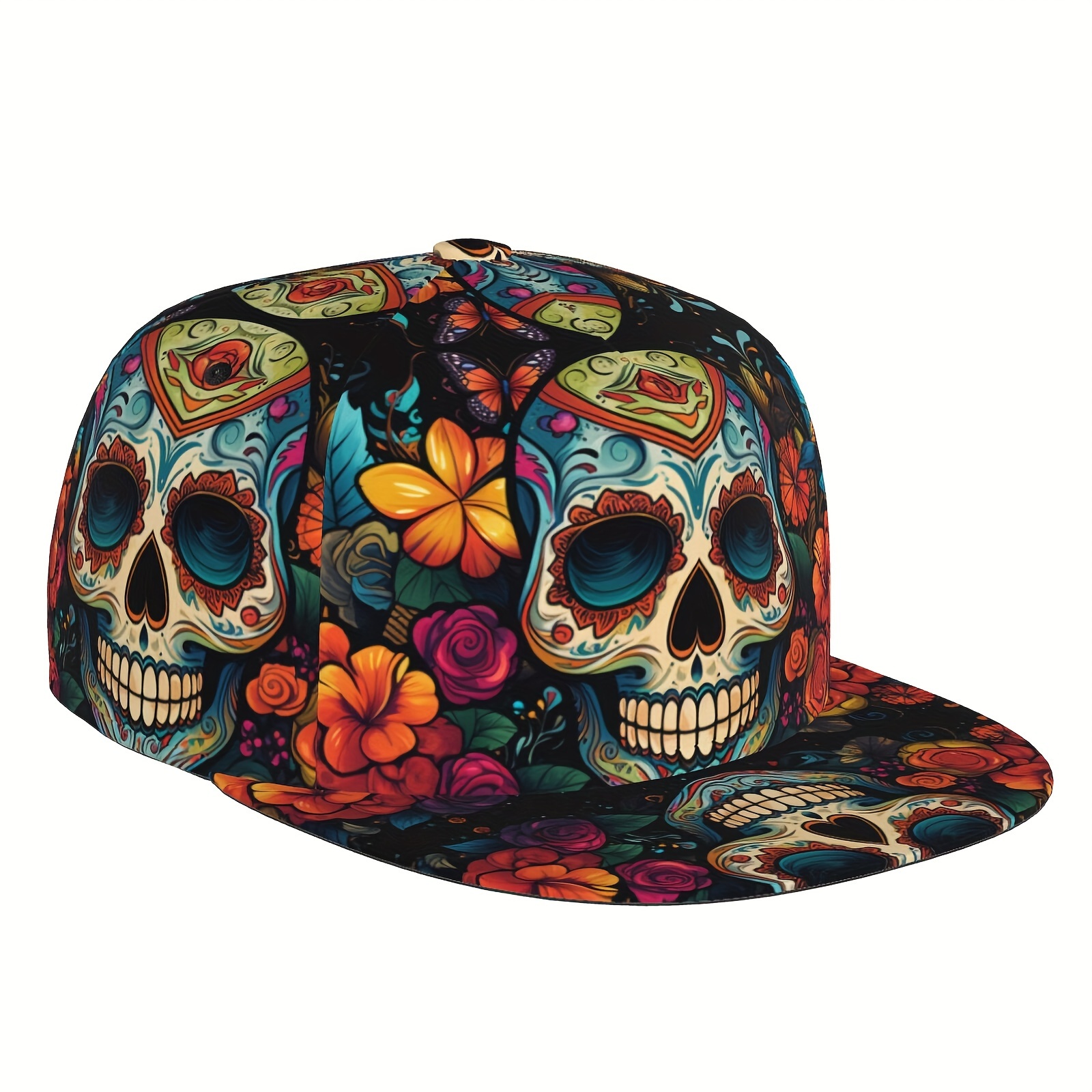 

Sugar Skull And Floral Print Baseball Cap - Lightweight Polyester Snapback Hat For Men And Women, Unisex Adjustable Flat Bill Cap For Running, Outdoor Sports, And Casual Fashion - Hand Washable