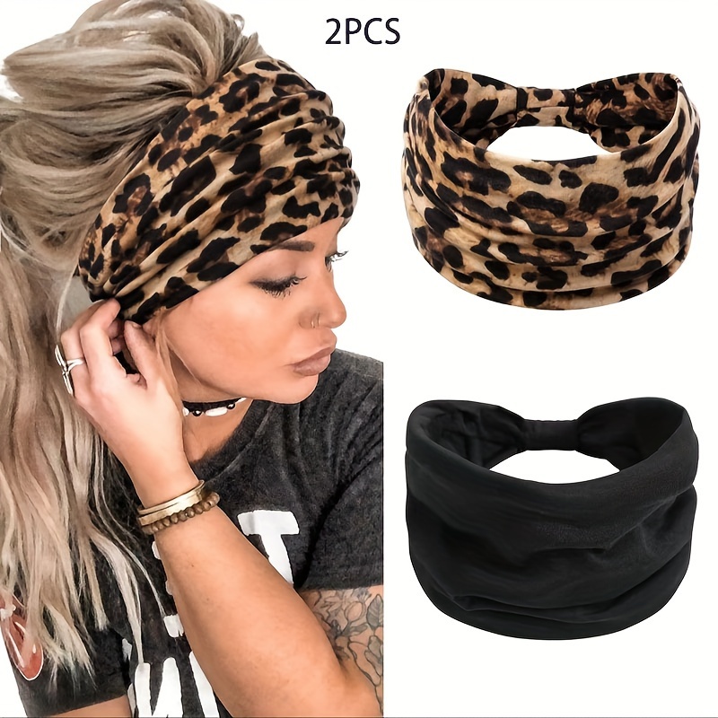 Image of 2pcs Fashion Women's Non-slip Knotted Wide Headband, Bohemian Style Soft Comfortable Solid Color Headband For Yoga, Exercise, Running, Sports, And Daily Wear Headband Accessory