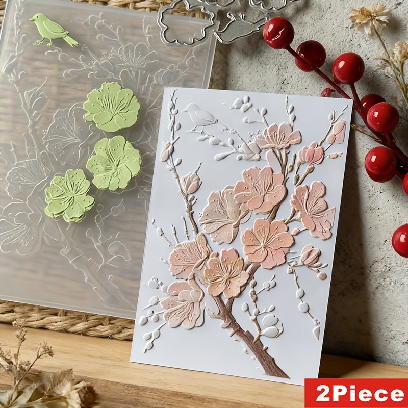 TEMU Lot de 2 pochoirs à 3D en pour scrapbooking et fabrication de cartes DIY - Pochoir en plastique réutilisable avec nets, branches de fleurs de