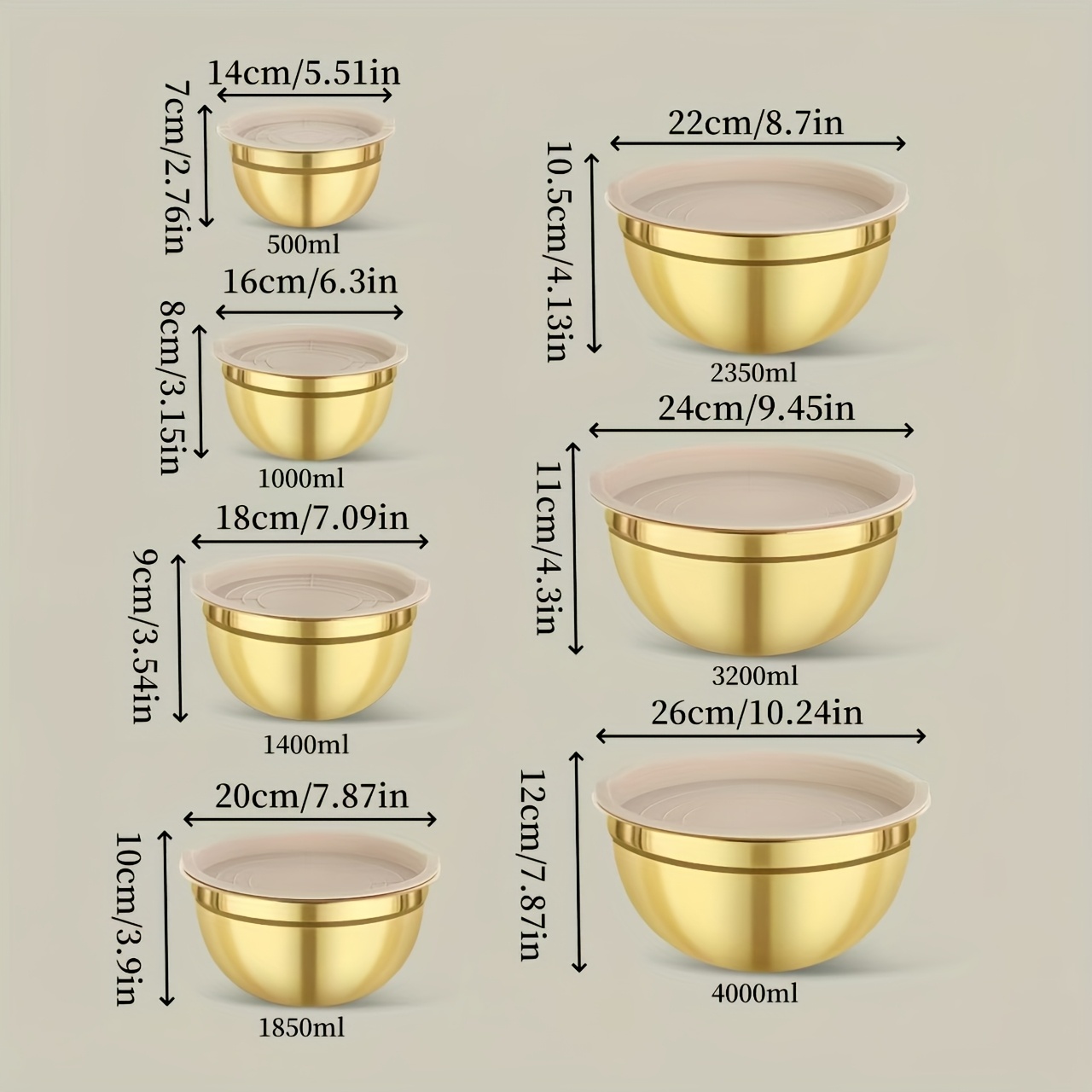 TEMU 14pcs Kitchen Mixing Bowls With Lids In Golden (khaki Lids), Perfect For Serving During Christmas, Stainless Steel Golden Mixing Bowl Set, Ideal