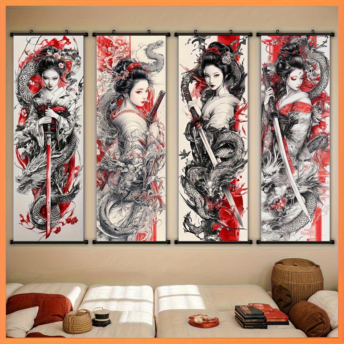 TEMU 4pcs Frameless Japanese Mythology Art Wall Hanging - Geisha, , And Dragon Canvas Wall Decor With Hook Installation, Decoration Suitable For