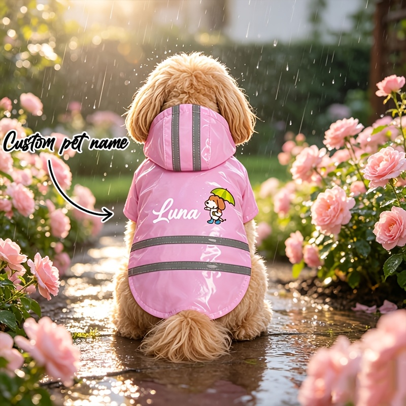 TEMU Personalized Custom Pu Pet Raincoat Suitable For , With Space For Printing. Features A Hooded Reflective Jacket Lightweight, Windproof, And