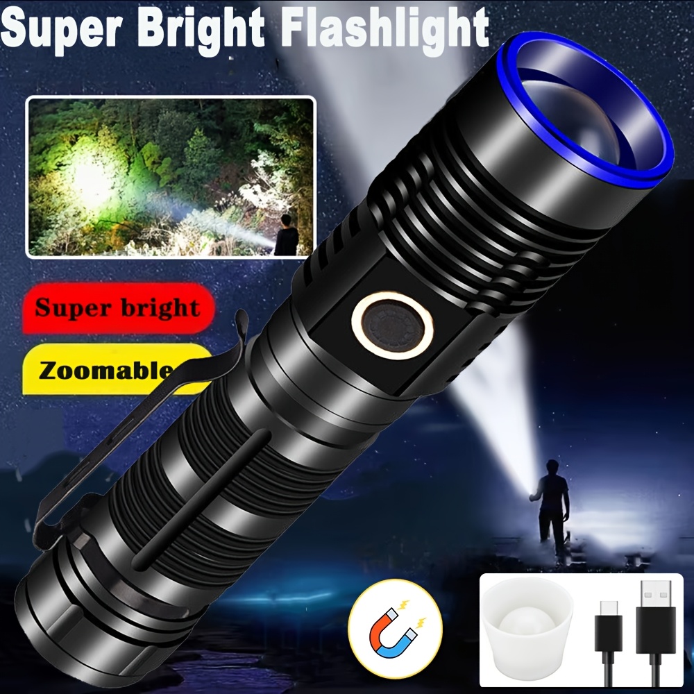 

Led Flashlight With Usb Rechargeable Battery, 4 Lighting , Magnetic Base & Hook - Camping, Fishing, And Home Emergency Lighting, Flashlight Rechargeable