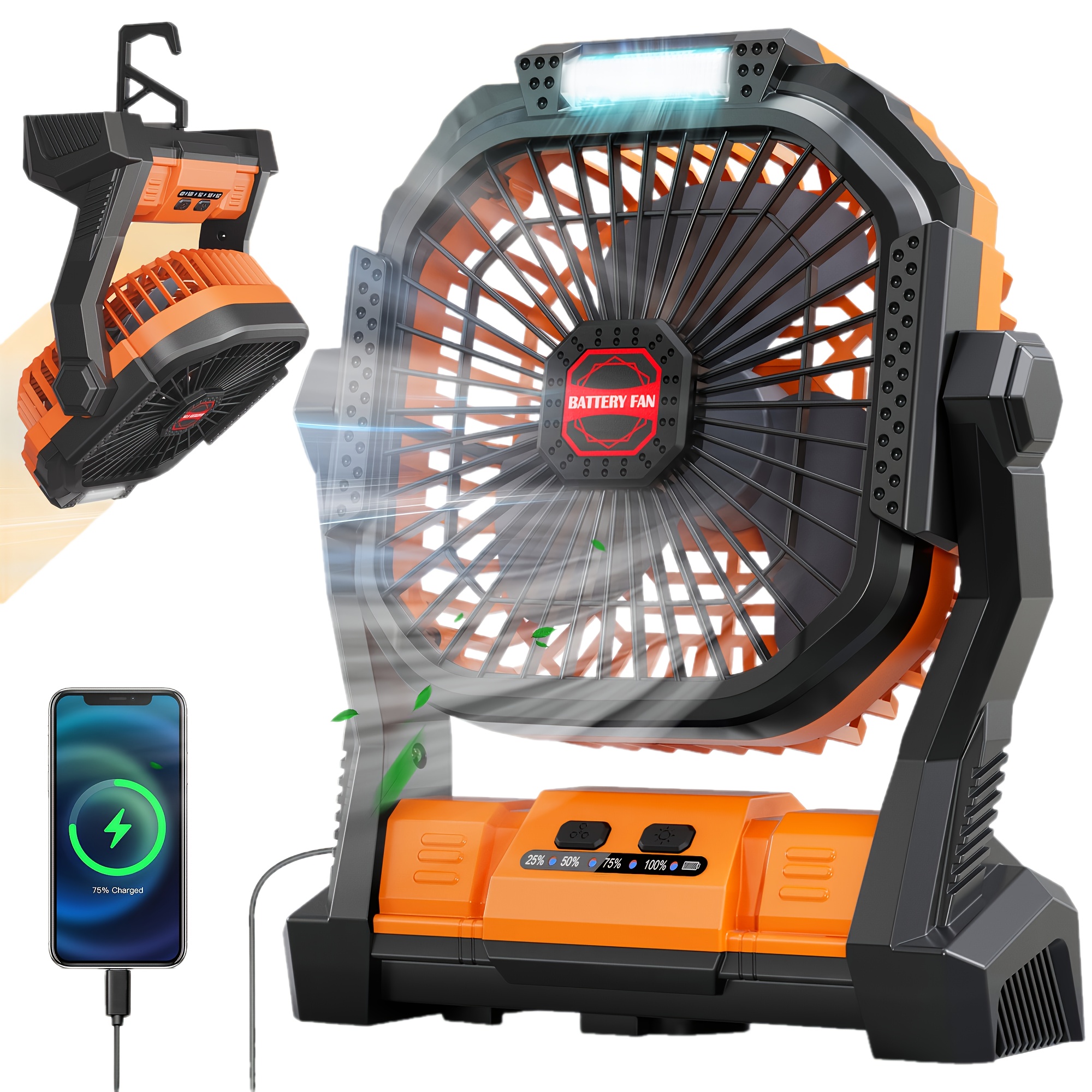 TEMU 20000mah Outdoor Fan, Charging+lighting+fan 1 With Led Light Tent Fan, Portable Camping Fan With Timed Rotation Function, Suitable For Barbecue Or Travel, Hung With Outdoor Fan, Camping Party