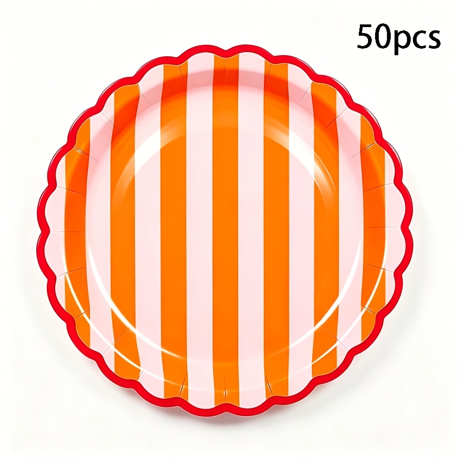 TEMU 10pcs/20pcs/50pcs Orange-pink Scalloped-edge Paper Plates (7/9-inch); Disposable Plates With Orange-pink Stripes And Fuchsia Scalloped Borders;
