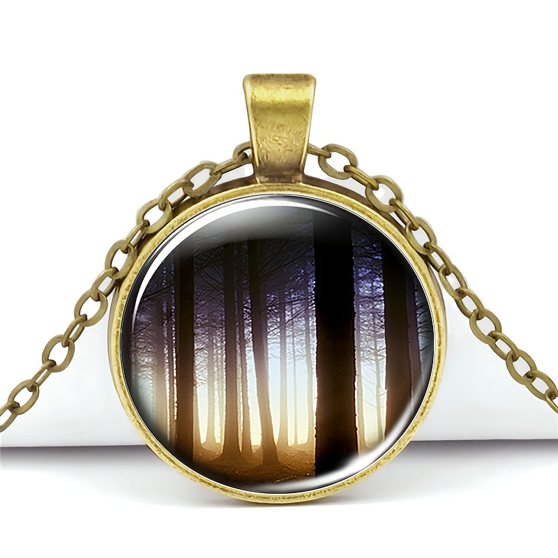 Classic Brown Metal Chain Necklace with Forest Scene Mirror