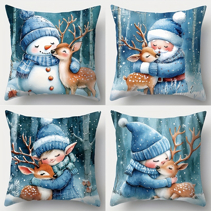 

Set Of 4 Christmas Throw Pillow Covers - Contemporary Style, Machine Washable, Zipper Closure, Woven Polyester, Printed Santa, , Snowman, Fawn Patterns For Room Decor - Pillow Inserts Not Included