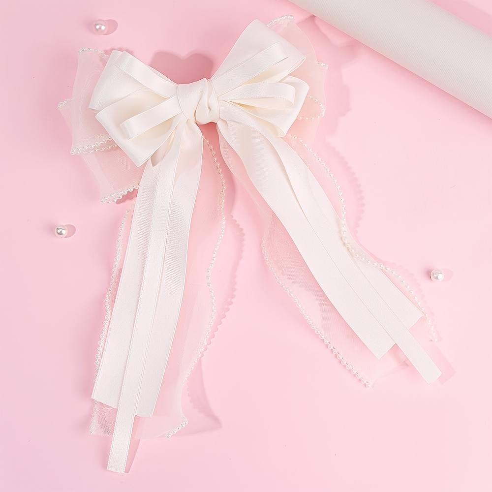 TEMU 1pc Elegant Beaded Large Hair Bow Clip For Women, Minimalist Solid Tulle Bowknot Hairpin, Wonderful Hair Accessories For Women Daily Wear