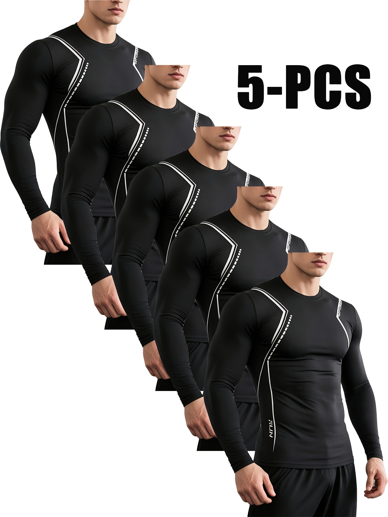5-Pc Men'S Quick Dry Compression Tops, Stretchy Athletic Long Sleeve Tees, Lightweight Base Layer for Sports, Training And Daily Wear