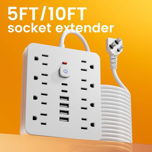 1pc regleta de sobretensión con cable de extensión de 5ft/10ft, regleta múltiple con puertos usb 14-en-1, regleta con 8 ac espaciosas y 6 puertos usb (incluyendo 2 tipo-c) con protección contra sobrecarga