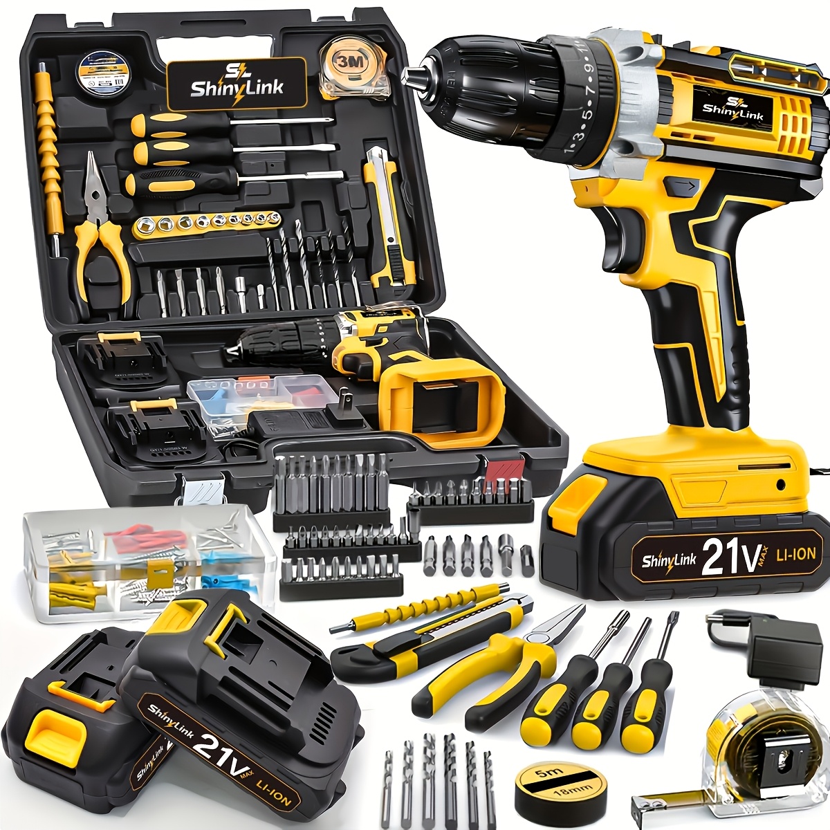 item picture 21v cordless drill set 136 30 18pcs electric drill tool box set electric drill cordless set rechargeable   with 1 2 battery cordless drill driver with hand tools screwdriver bits set and tool box for   gift for men