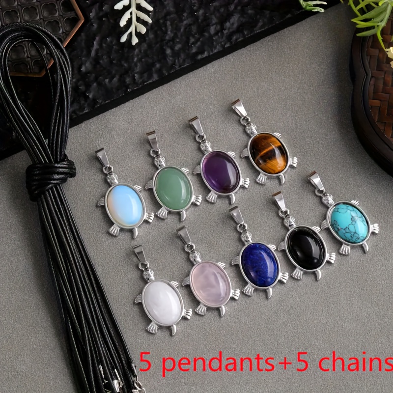 TEMU 10pcs Natural Stone Turtle Pendant Necklace Set - 5pcs Pendants And 5pcs Chains, Suitable For Lovers, , Holiday Gift, Teenager (random Color)
