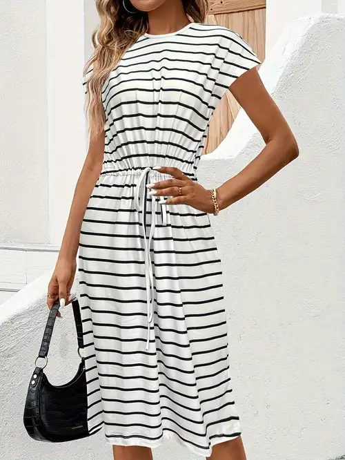 Florcoo V Neck Striped Printed Knee Length A Line Dress Florcoo V Neck Striped Printed Knee Length A Line Dress
