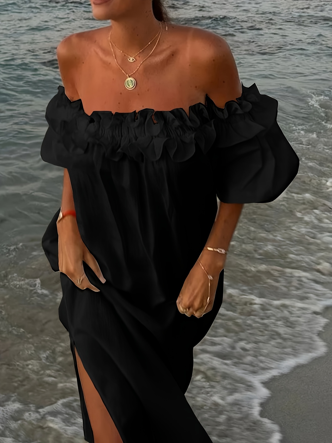 summer off shoulder flutter cap sleeve shirred smocked high waist slit maxi  dress | Shop On Temu And Start Saving | Temu