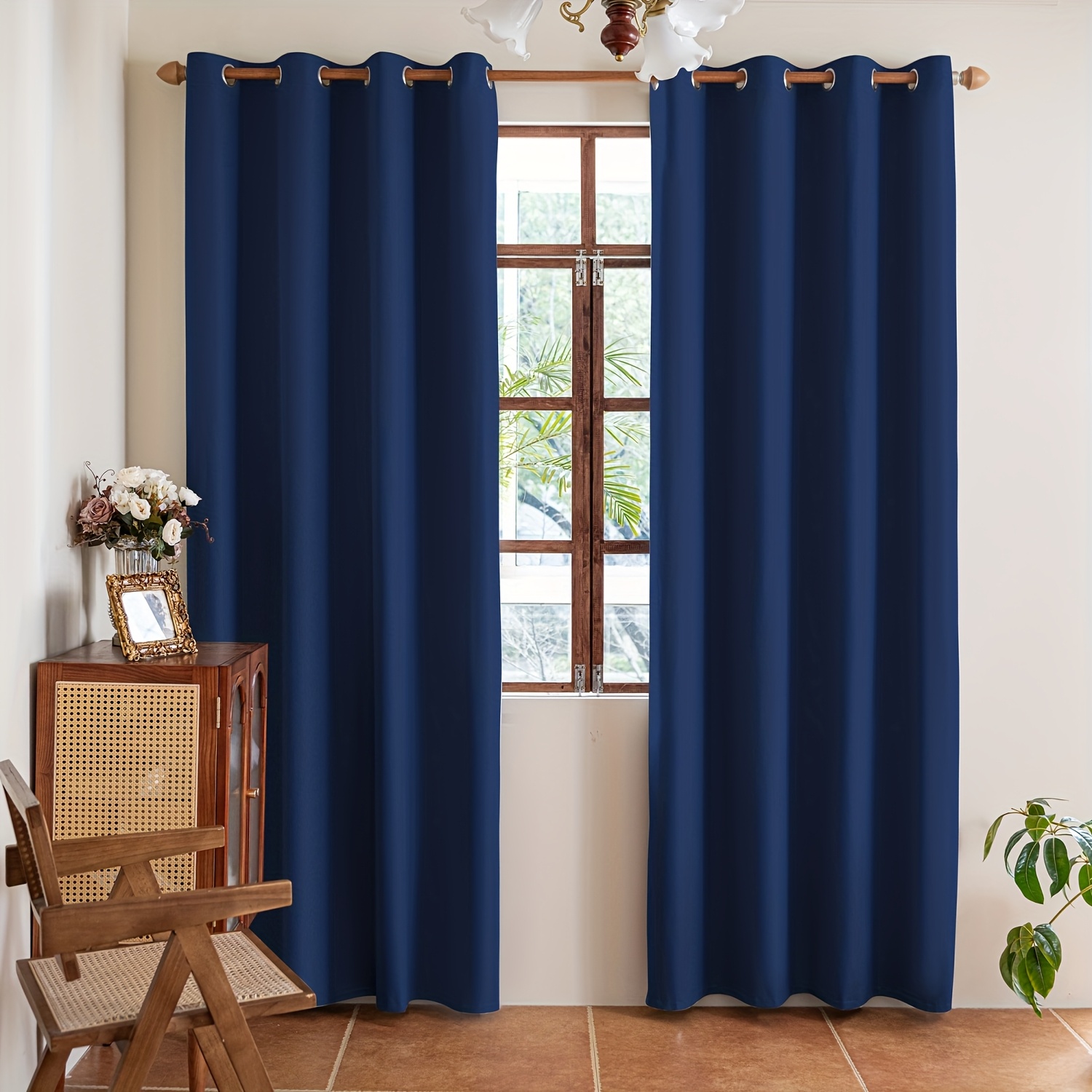 TEMU 2 Panels, Navy Blue, Perforated Design For Heat Insulation, Protection, 100% Blackout Sun-blocking Curtains, Darkening The Interior, Polyester