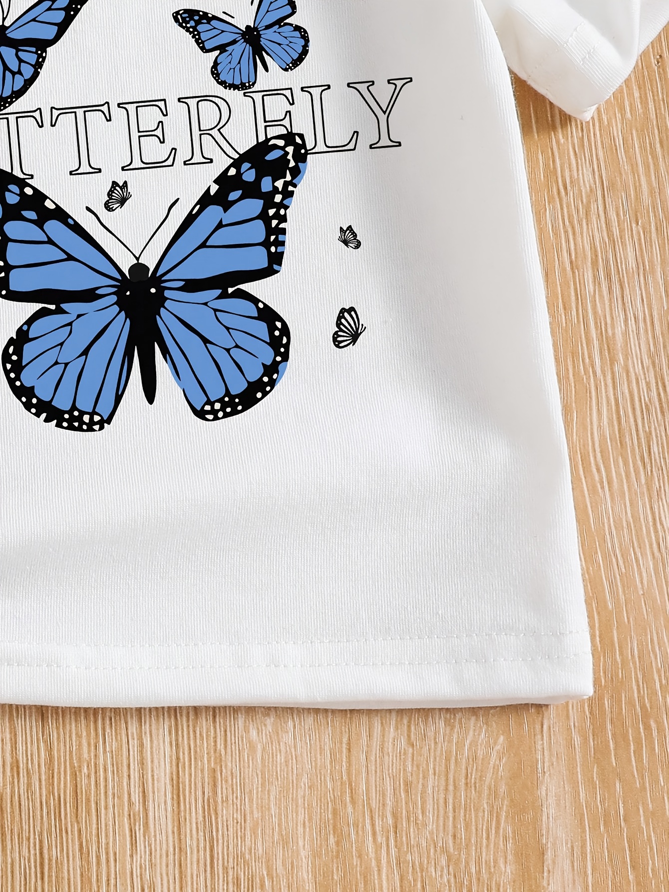 2pcs Set, Girls' Summer Short Sleeve Pants Outfit with Round Neck Bow Print Top + Imitation Denim Flared Long Pants in Contrast Colors for 8-12 Years Old, Perfect for Outdoor