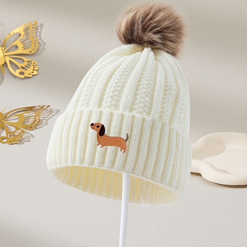 TEMU Cartoon Dachshund Embroidered Warm Hat For Women, Featuring A Pom-pom, Solid Color, Versatile For Autumn And Winter, Thick Outdoor Lazy Style,