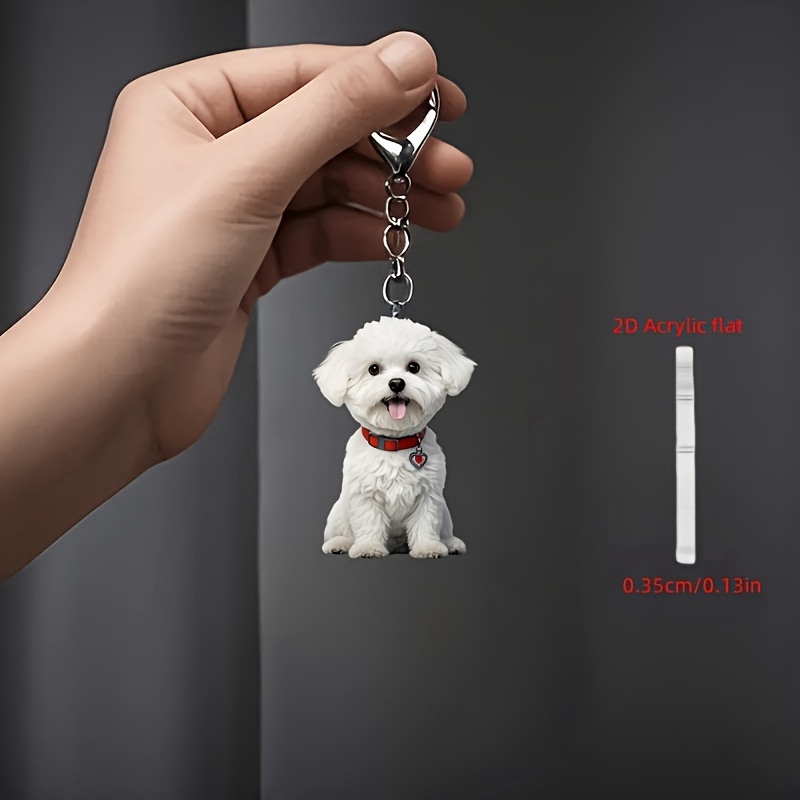 2d Flat, 1pc Cute White Bichon Frise Acrylic Keychain, Suitable For Bag And Car Key Decoration, Ideal Holiday Gift, 2d Flat