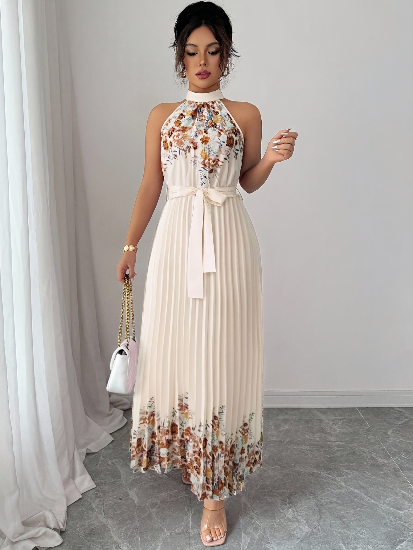 Fashionable New Women'S Summer Halter Floral Print Pleated Dress