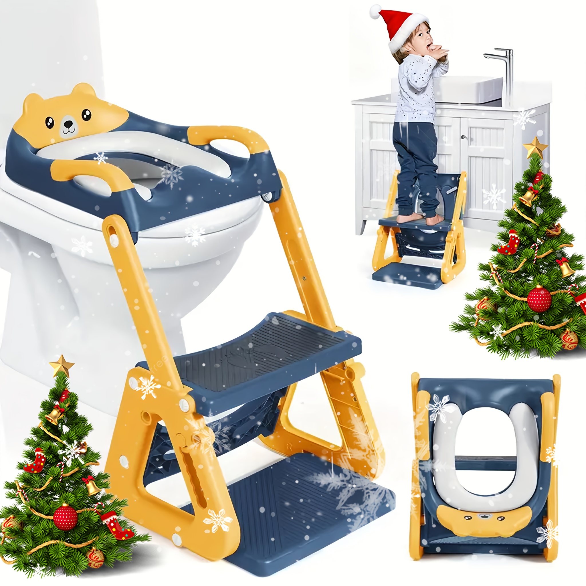 TEMU Siège de toilette double avec marchepied conçu pour les tout-, doté d'un support de stabilité, d'un pare-éclaboussures et d'un coussin