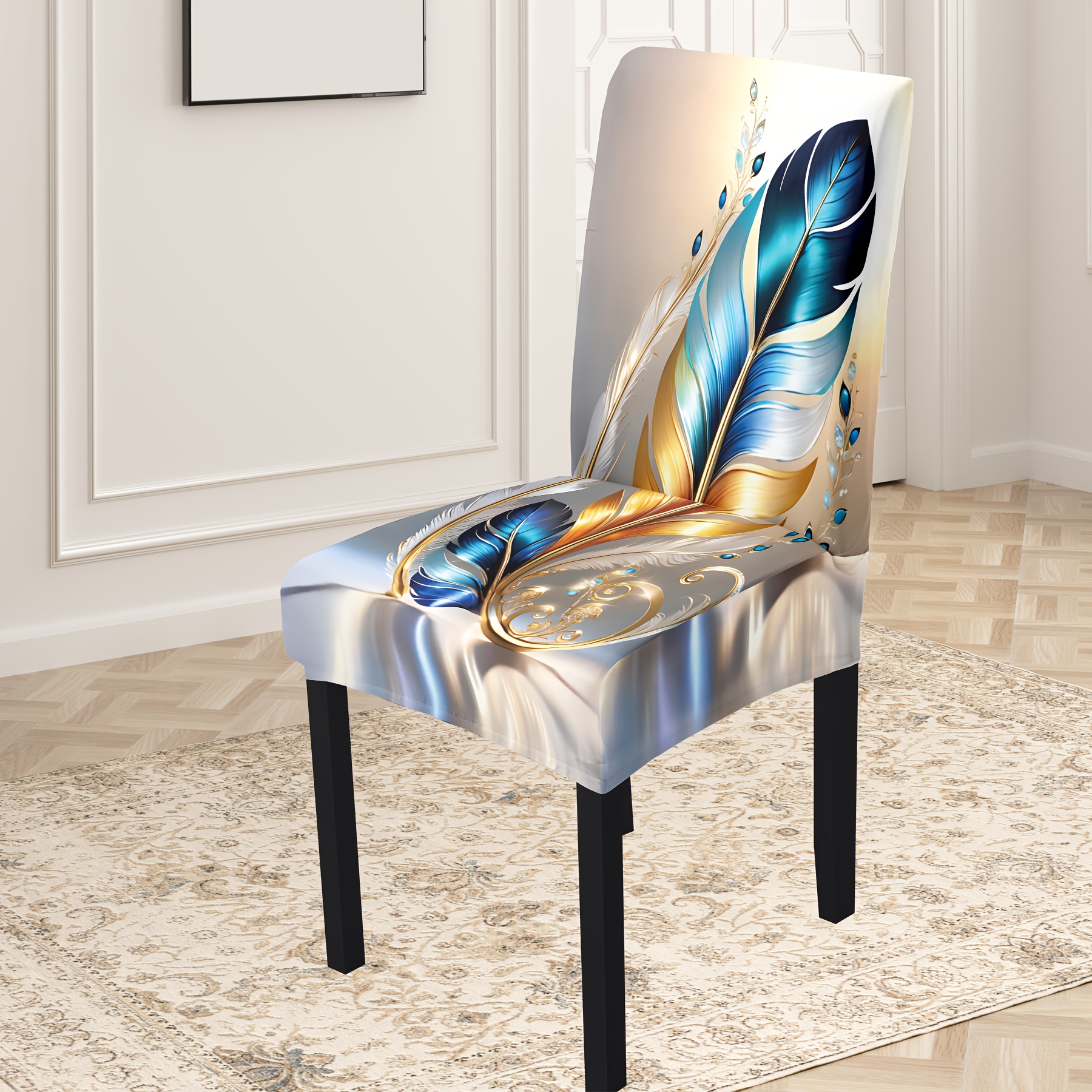 

Classic Design Chair Cover With Digital Printing, Stretch Fabric, Adjustable Strap, 4/6 Pieces, Milk Fiber, Easy To Clean